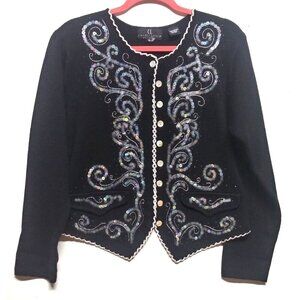 Carole Little Cardigan Sweater XL Embellished embroidered Black L/S Vintage GLAM